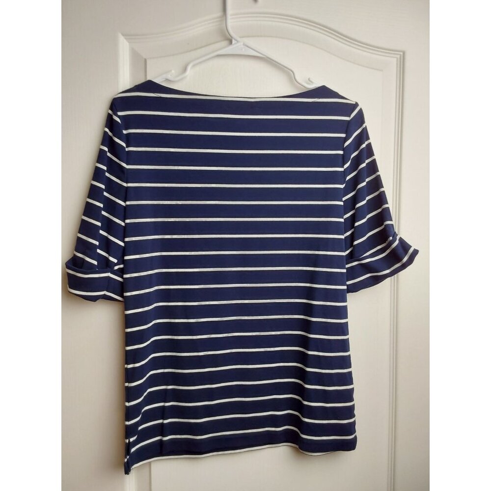 Lauren Ralph Lauren, classic navy and white striped T-shirt, size Large - Picture 2 of 4